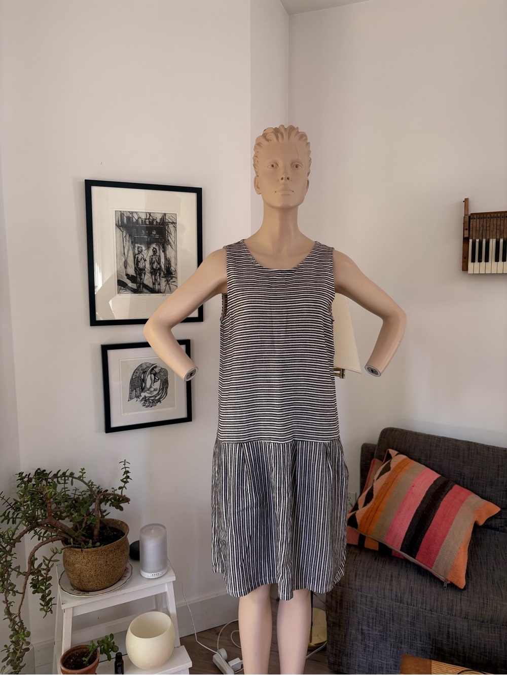 Ace & Jig Black, Tan and White Striped Sleeveless Drop-Waist Dress
